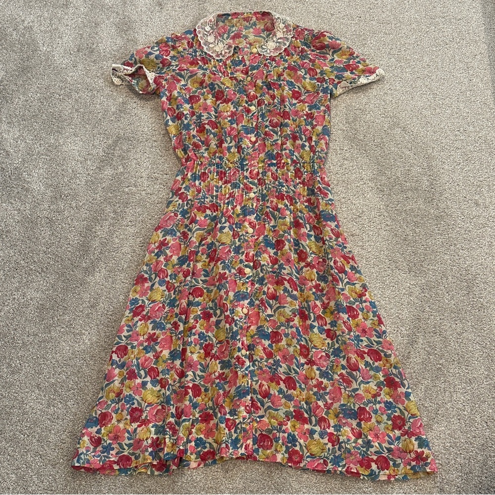 Vintage Shirt Dress Floral Lace Collar Sleeves Button Front See Description